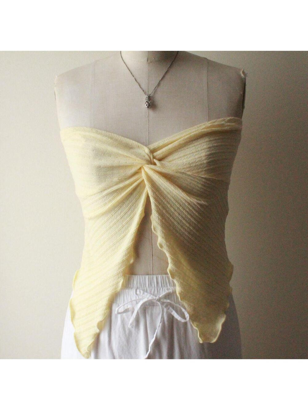 SHEIN Yellow Ribbed Twist Bandeau Crop Top with Asymmetrical Hem, Size S